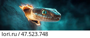A realistic snake emerges from a glowing hole in a dark wall. The scene's eerie glow and mysterious ambiance highlight the stealthy nature of this reptilian creature. Стоковое AI-изображение, AI-художник Nart / Фотобанк Лори