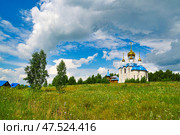 Сельский пейзаж с Храмом в честь иконы Божией Матери «Всех скорбящих Радость» (новый). Село Упорово. Тюменская область (2017 год). Стоковое фото, фотограф Александр Тараканов / Фотобанк Лори
