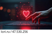 Рука взаимодействует с голографической моделью человеческого сердца, AI-generation. Стоковое AI-изображение, AI-художник Елена Скрипкина / Фотобанк Лори