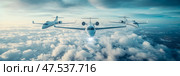 Private Aviation Dream: Three Jets Soaring Above the Clouds, Luxury Travel Concept. Стоковое AI-изображение, AI-художник Данила Большаков / Фотобанк Лори
