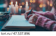 Cozy Winter Writing: A Woman's Reflection in Journaling by Candlelight, Evoking Warmth and Introspection. Стоковое AI-изображение, AI-художник Данила Большаков / Фотобанк Лори