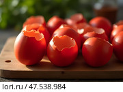 Красные скорлупки от куриных яиц. Стоковое AI-изображение, AI-художник Анна Рогалева / Фотобанк Лори
