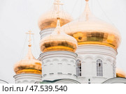 View of the Church of St. Sergius of Radonezh on a foggy summer morning. Russia. Nizhny Novgorod, August 2023. Стоковое фото, фотограф Photojuli / Фотобанк Лори