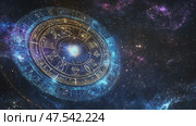 Cosmic circle with golden symbols against a vibrant starry night sky in deep space. Стоковое AI-видео, аниматор Ekaterina Ismagilova / Фотобанк Лори