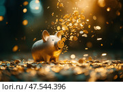Stream of coins flowing into a piggy bank, highlighting wealth building and financial growth. This image embodies savings and economic prudence in a dynamic, captivating scene. Стоковое AI-изображение, AI-художник Nart / Фотобанк Лори