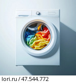 Colorful clothes tumble in an energy-efficient washing machine. Its spinning drum showcases modern fabric care and household convenience. Стоковое AI-изображение, AI-художник Nart / Фотобанк Лори