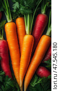 This vibrant fresh carrot showcases bright orange hues, highlighting its organic and nutritious qualities. Captured from a top-down view, it serves as a perfect healthy ingredient. Стоковое AI-изображение, AI-художник Nart / Фотобанк Лори