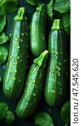 Top-down view of fresh zucchinis creating a seamless pattern. The vibrant green vegetables highlight their rich texture and nutritional appeal, perfect for a healthy diet. Стоковое AI-изображение, AI-художник Nart / Фотобанк Лори