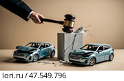 Judges gavel striking with collided car models on neutral surface. Стоковое AI-изображение, AI-художник Андрей Бакусов / Фотобанк Лори