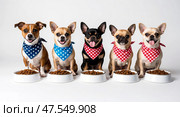 Playful dogs in bandanas with dog food bowls on white background. Стоковое AI-изображение, AI-художник Андрей Бакусов / Фотобанк Лори