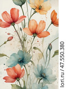 Watercolor floral composition with droplets in mannerism style. Стоковое AI-изображение, AI-художник Андрей Бакусов / Фотобанк Лори