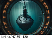 A military submarine on a sea voyage. Стоковое AI-изображение, AI-художник Александр Поташев / Фотобанк Лори