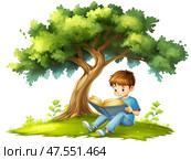 Мальчик читает интересную книгу, акварельный рисунок. Стоковое AI-изображение, AI-художник Щеголева Ольга / Фотобанк Лори