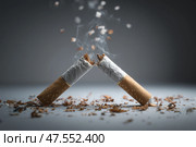 Cigarettes break apart with smoke and tobacco debris in a studio setting. Две сломанные сигареты расположены под углом, выпускают дым и окружены рассыпанным табаком. Минималистичный фон подчеркивает борьбу с зависимостью от курения. Стоковое AI-изображение, AI-художник Katsiaryna Repich / Фотобанк Лори
