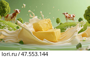 Delicious butter splashing in milk with cows grazing in serene landscape. В центре - масло, плещущееся в сливочном молоке, и коровы, мирно пасущиеся на ярком зеленом холме. Сцена запечатлела свежий и идиллический момент сельской жизни. Стоковое AI-изображение, AI-художник Katsiaryna Repich / Фотобанк Лори