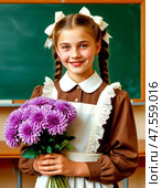 A senior schoolgirl with a beautiful bouquet of autumn asters. September 1st is Knowledge Day. Стоковое AI-изображение, AI-художник Сергей Елизарьев / Фотобанк Лори