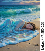 A girl sleeping on the seashore is covered by the surf like a blanket. Стоковое AI-изображение, AI-художник Сергей Елизарьев / Фотобанк Лори