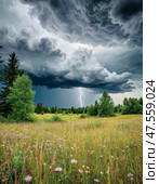 Summer thunderstorm. Landscape. Стоковое AI-изображение, AI-художник Сергей Елизарьев / Фотобанк Лори