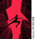 Silhouette of graceful dancer leaping between urban buildings against red sky. Стоковое AI-изображение, AI-художник Антон Гвоздиков / Фотобанк Лори