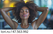 A woman sits in a contemporary office, hands behind her head, eyes closed, savoring a moment of relaxation and mindfulness during the afternoon. Стоковое AI-видео, аниматор Данила Большаков / Фотобанк Лори