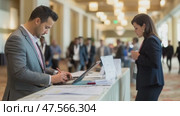 Businessman signing in at conference registration desk. Стоковое AI-видео, аниматор Юрий Поздников / Фотобанк Лори
