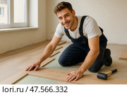 Young Man Installing Wooden Flooring in a Bright, Empty Room During Daylight Hours. Стоковое AI-изображение, AI-художник Юлия Гапеенко / Фотобанк Лори