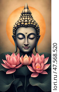 Концепция дня рождения Будды и буддийского праздника Весак/ Buddha face over pink lotus flowers.  Buddha birthday and Vesak holiday concept. Стоковое AI-изображение, AI-художник Iva Noel / Фотобанк Лори