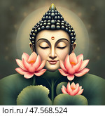 Концепция дня рождения Будды и буддийского праздника Весак/ Buddha face over pink lotus flowers.  Buddha birthday and Vesak holiday concept. Стоковое AI-изображение, AI-художник Iva Noel / Фотобанк Лори