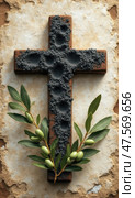 Ash Wednesday Reflection With Cross and Olive Leaves on a Textured Stone Background for Spiritual Contemplation. Стоковое AI-изображение, AI-художник Sergey Grishin / Фотобанк Лори