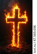 Christian Symbol of Faith Represented by a Burning Cross Surrounded by Flames and Ashes Conveying a Profound Spiritual Message. Стоковое AI-изображение, AI-художник Sergey Grishin / Фотобанк Лори