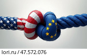 External conflict of interests between the United States and the European Union. Stretched rope with a knot symbolizing the United States and the European Union.  AI generative. Стоковое AI-изображение, AI-художник Роман Дзюбало / Фотобанк Лори