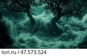 Powerful waves crash against the trunks of dark trees as a fierce storm unleashes a torrent of water in a secluded forest. Стоковое AI-изображение, AI-художник Данила Большаков / Фотобанк Лори