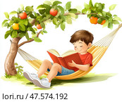 Мальчик читает книгу в гамаке, летние каникулы на даче. Стоковое AI-изображение, AI-художник Щеголева Ольга / Фотобанк Лори