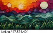 Colorful abstract artwork displaying a sunset with vibrant suns and swirling clouds above rolling green hills, creating a tranquil ambiance. Стоковое AI-изображение, AI-художник Данила Большаков / Фотобанк Лори