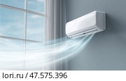 Efficient air conditioning unit enhancing indoor comfort during summer. Кондиционер, установленный на стене, выпускает прохладный воздух, даря облегчение в жаркие летние месяцы. Солнечный свет проникает через соседнее окно, добавляя комнате яркости. Стоковое AI-изображение, AI-художник Katsiaryna Repich / Фотобанк Лори