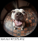 Funny happy dog smiling at the camera in cozy home interior, fisheye lens perspective. Забавная счастливая собака улыбается в камеру в уютном домашнем интерьере, перспектива объектива «рыбий глаз. Стоковое AI-изображение, AI-художник Katsiaryna Repich / Фотобанк Лори