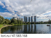 Tall buildings rise against a blue sky over a serene lake. Lush trees line the water's edge, creating a peaceful natural setting amidst urban life. A few clouds drift above, adding charm to the view. Стоковое фото, фотограф Алексей Климкин / Фотобанк Лори