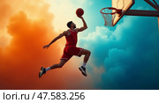 Dynamic slam dunk in vivid contrasts. Стоковое AI-изображение, AI-художник Андрей Бакусов / Фотобанк Лори
