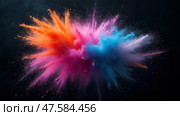 Colorful Explosion of Gulal Powder Symbolizing Vibrant Holi Celebrations During Spring in Indian Culture and Traditions. Стоковое AI-изображение, AI-художник Sergey Grishin / Фотобанк Лори