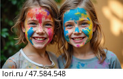 Happy Young Pair Celebrating Holi With Vibrant Gulal Powder in a Colorful Display of Joy and Unity During the Spring Festival. Стоковое AI-изображение, AI-художник Sergey Grishin / Фотобанк Лори
