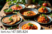 Table with a variety of food, including a plate of flatbread. Стоковое AI-изображение, AI-художник Sergey Grishin / Фотобанк Лори