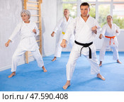 Elderly women and men in kimonos stand in a fighting stance during group karate training session. Стоковое фото, фотограф Яков Филимонов / Фотобанк Лори