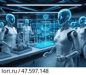 Группа роботов работает на фабрике, у одного из них на голове есть экран с надписью. Стоковое AI-изображение, AI-художник Ярославский Максим / Фотобанк Лори