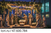 Christmas nativity scene of born child baby Jesus Christ in the manger with Joseph and Mary. Стоковое AI-видео, аниматор Ирина Старикова / Фотобанк Лори