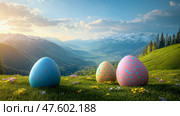 Alpine Easter Sunrise: Decorated Eggs on a Mountaintop Meadow. Стоковое AI-изображение, AI-художник Данила Большаков / Фотобанк Лори