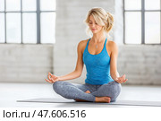 A woman doing yoga, stretching, pacification, calmness. Стоковое AI-изображение, AI-художник Ирина Ручушкина / Фотобанк Лори