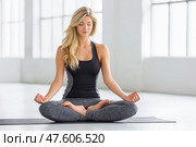 A woman doing yoga, stretching, pacification, calmness. Стоковое AI-изображение, AI-художник Ирина Ручушкина / Фотобанк Лори