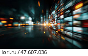 Digital landscape showcasing vibrant screens in a futuristic city at night. Яркие экраны отображают красочный контент в футуристической городской среде. Световые дорожки усиливают динамичную атмосферу ночного шумного города, наполненного технологиями и инновациями. Стоковое AI-изображение, AI-художник Katsiaryna Repich / Фотобанк Лори