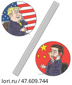 Summit talks, the President of the USA Donald Trump and the Chairman of the PRC Xi Jinping discussing on phone about new percents of duties on goods. Стоковая иллюстрация, иллюстратор Alexey Bannykh / Фотобанк Лори