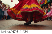 Vibrant Dancer in Colorful Skirt and Huaraches Mid-Step at a Lively Festival, Showcasing Cultural Events and Dance Schools. Стоковое AI-изображение, AI-художник Sergey Grishin / Фотобанк Лори